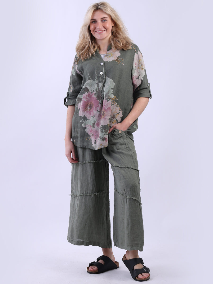 Floral Linen Baggy Top Khaki