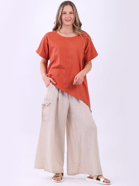 Ladies Front Pocket Asymmetric Solid Linen Tunic