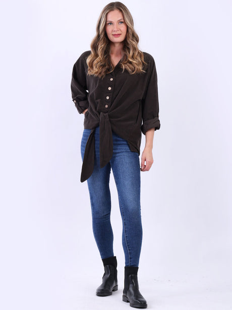 Plain Cotton Corduroy Twisted Hem Knot Ladies Shirt