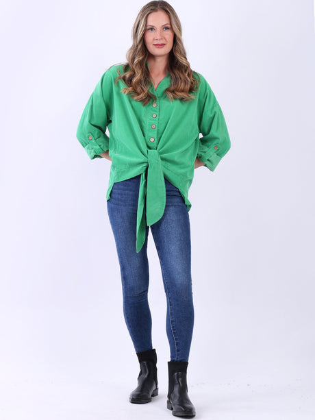 Plain Cotton Corduroy Twisted Hem Knot Ladies Shirt