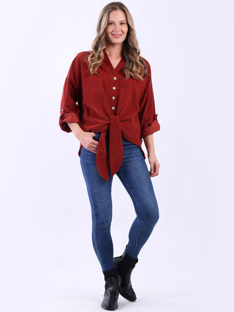 Plain Cotton Corduroy Twisted Hem Knot Ladies Shirt