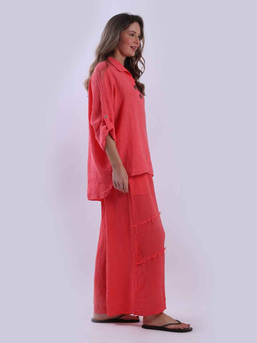 Women Baggy Front Button Solid Linen Top