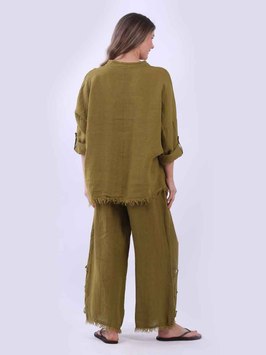 Women Baggy Front Button Solid Linen Top