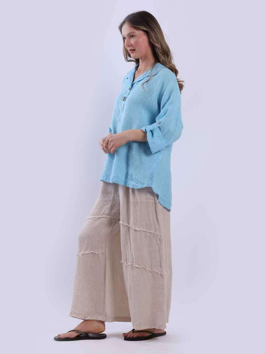 Women Baggy Front Button Solid Linen Top