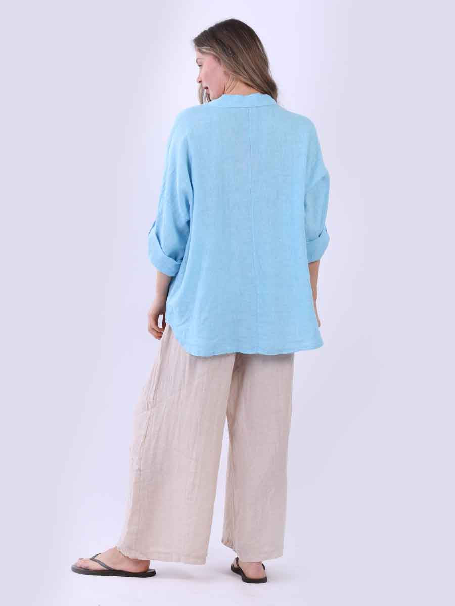 Women Baggy Front Button Solid Linen Top