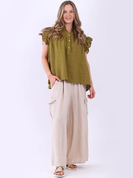 Plain Front Button Placket Linen Lagenlook Ruffle Top