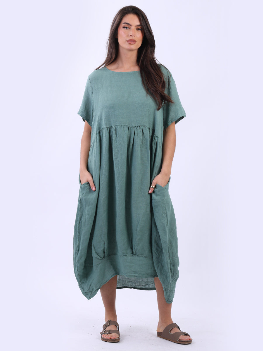 Plain Linen Ladies Midi Swing Dress Ocean Blue One Size UK 10 16