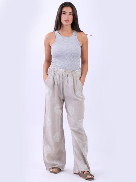 Women Tribal Wide Leg Linen Trouser