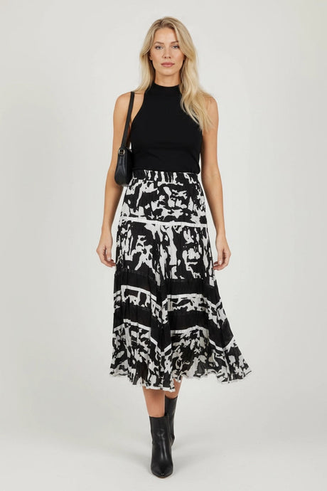 Abstract Print Midi Skirt Black