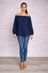 Off Shoulder Cotton Blouse Navy