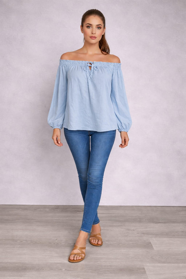 Off Shoulder Cotton Blouse Sky Blue
