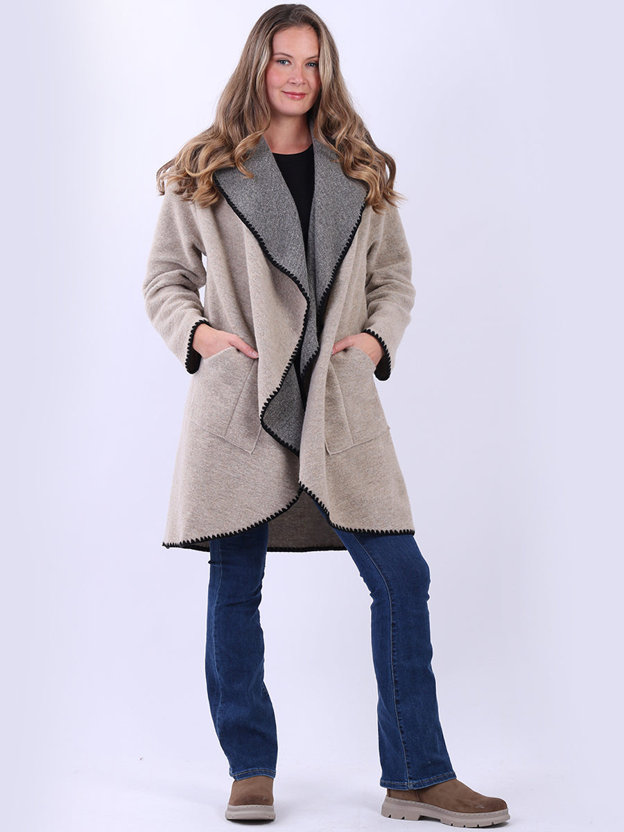 Blanket Stitch Wool Open Coat Beige