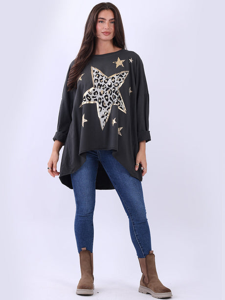 Plus Size Cotton Foil Leopard Star Top