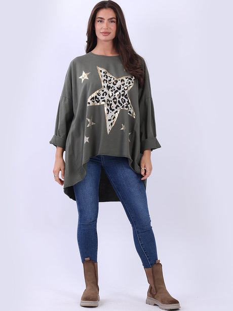 Plus Size Cotton Foil Leopard Star Top