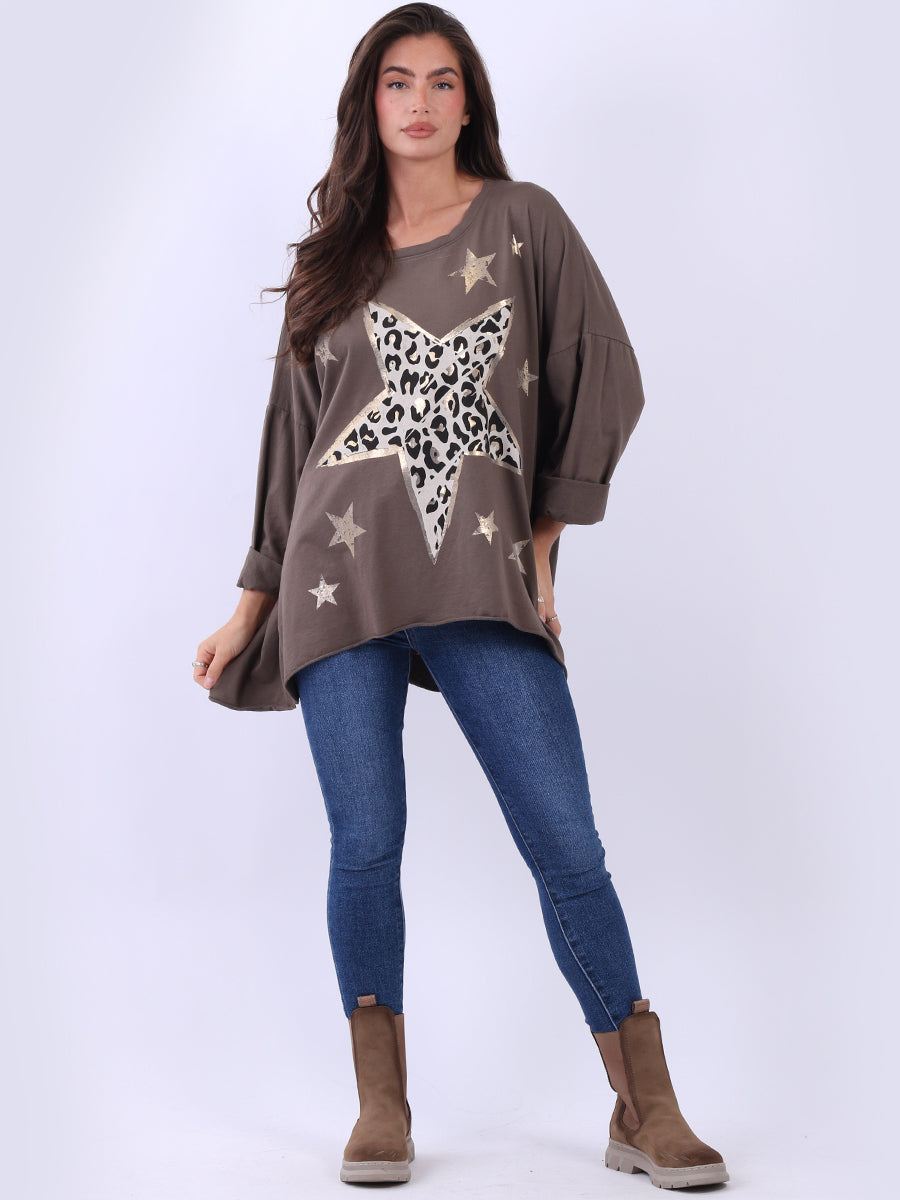 Plus Size Cotton Foil Leopard Star Top