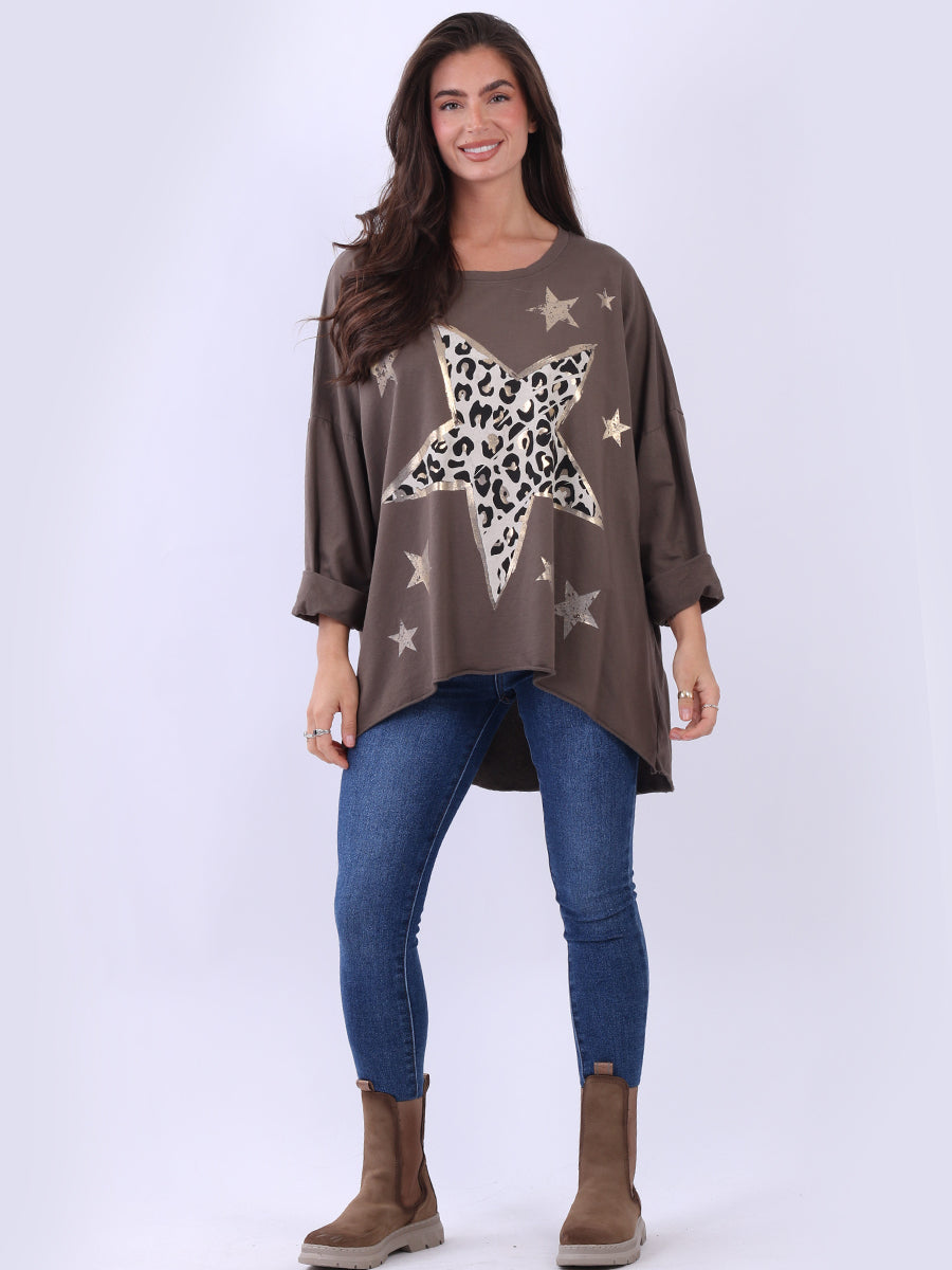 Plus Size Cotton Foil Leopard Star Top