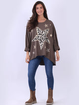 Plus Size Cotton Foil Leopard Star Top