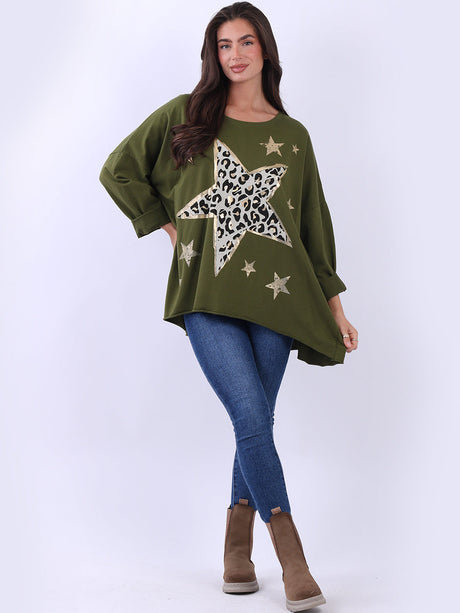 Plus Size Cotton Foil Leopard Star Top