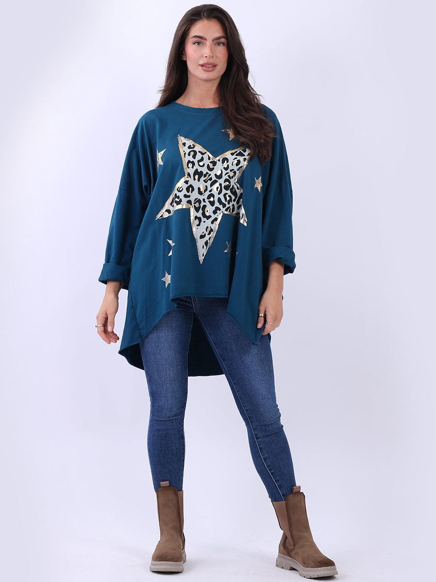 Plus Size Cotton Foil Leopard Star Top