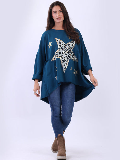 Plus Size Cotton Foil Leopard Star Top