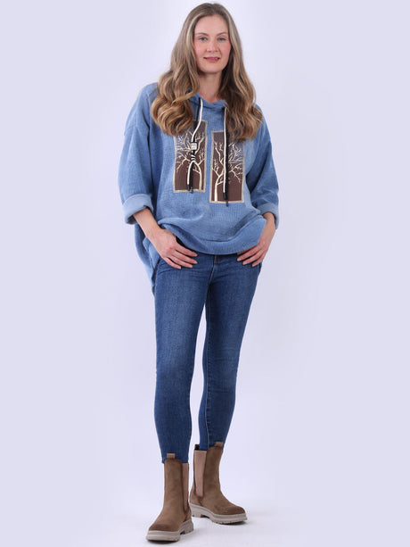 Ladies Corduroy Shimmery Tree Print Hoodie Top