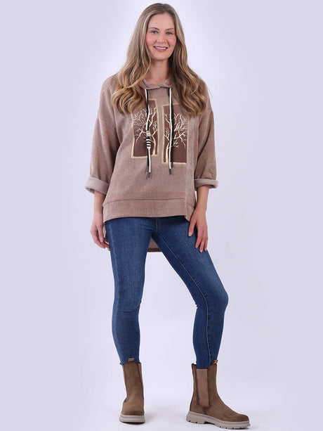 Ladies Corduroy Shimmery Tree Print Hoodie Top