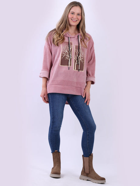 Ladies Corduroy Shimmery Tree Print Hoodie Top