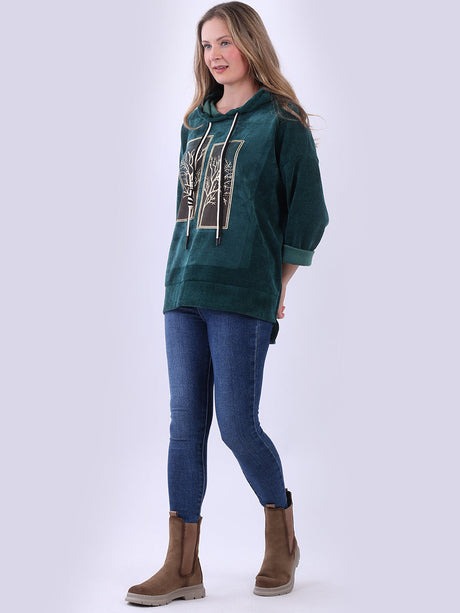 Ladies Corduroy Shimmery Tree Print Hoodie Top