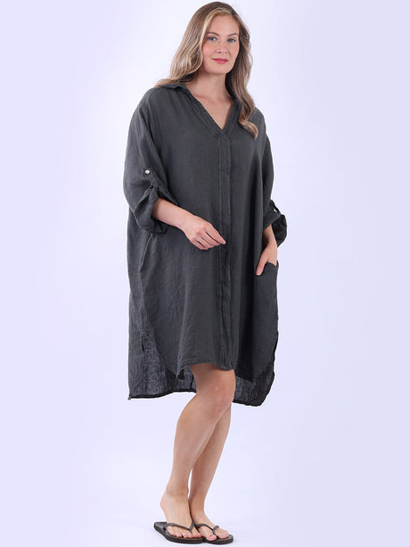 Plus Size Solid Linen Collared Dress