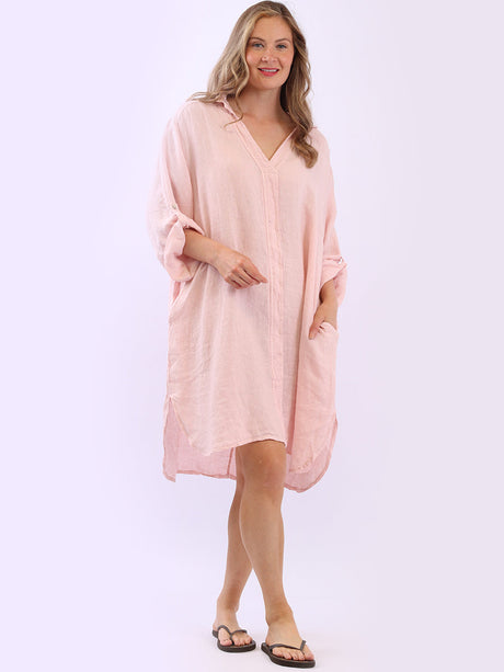 Plus Size Solid Linen Collared Dress