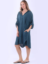 Plus Size Solid Linen Collared Dress