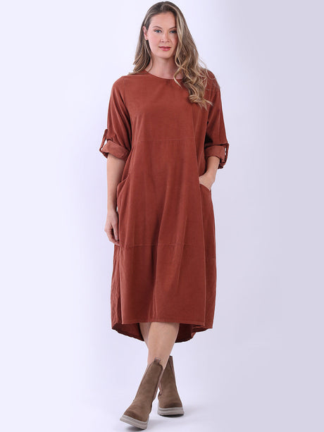 Plain Cotton Corduroy Plus Size Midi Dress