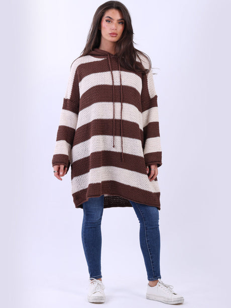 Stripy Plus Size Batwing Chunky Knit Hooded Jumper