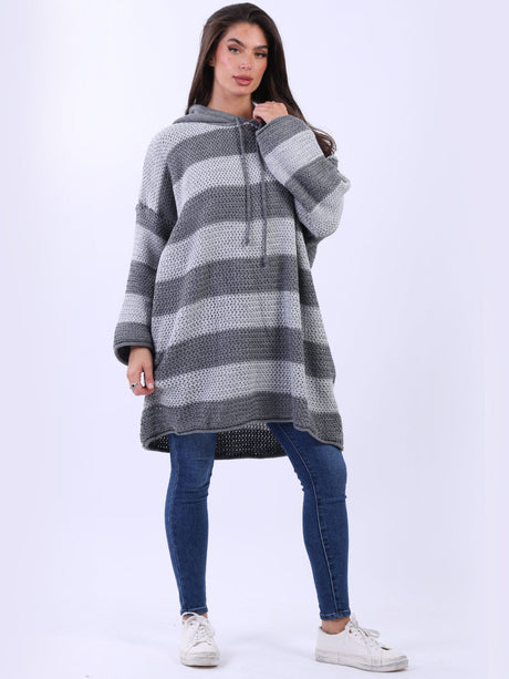 Stripy Plus Size Batwing Chunky Knit Hooded Jumper