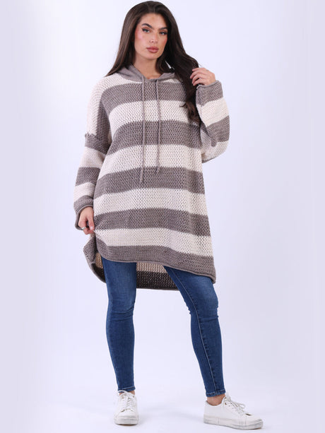 Stripy Plus Size Batwing Chunky Knit Hooded Jumper