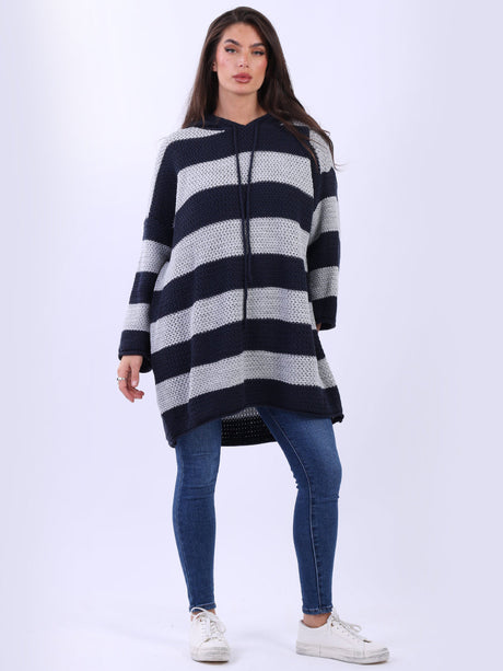 Stripy Plus Size Batwing Chunky Knit Hooded Jumper