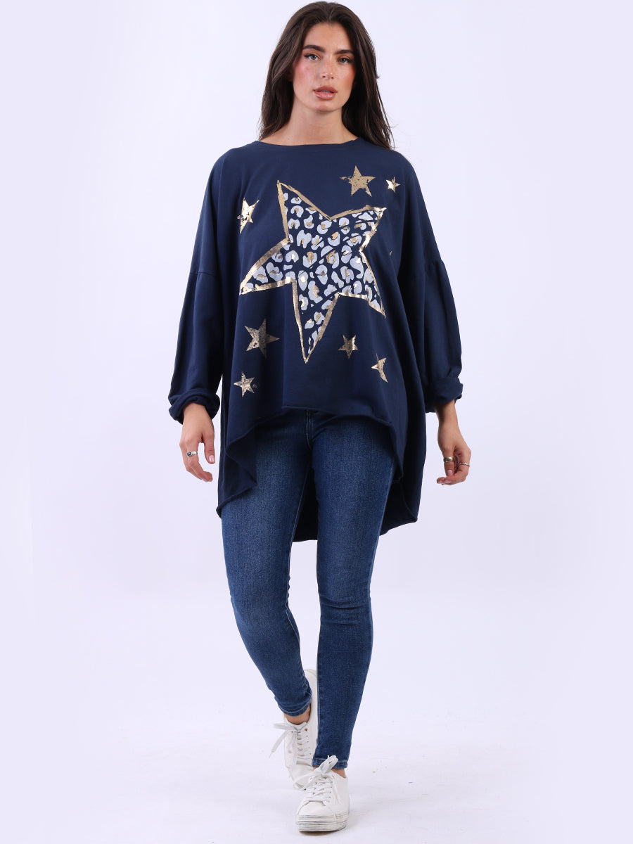 Plus Size Cotton Foil Leopard Star Top