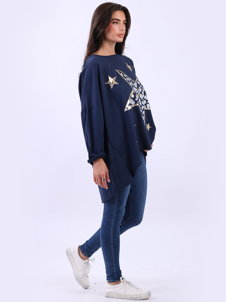 Plus Size Cotton Foil Leopard Star Top