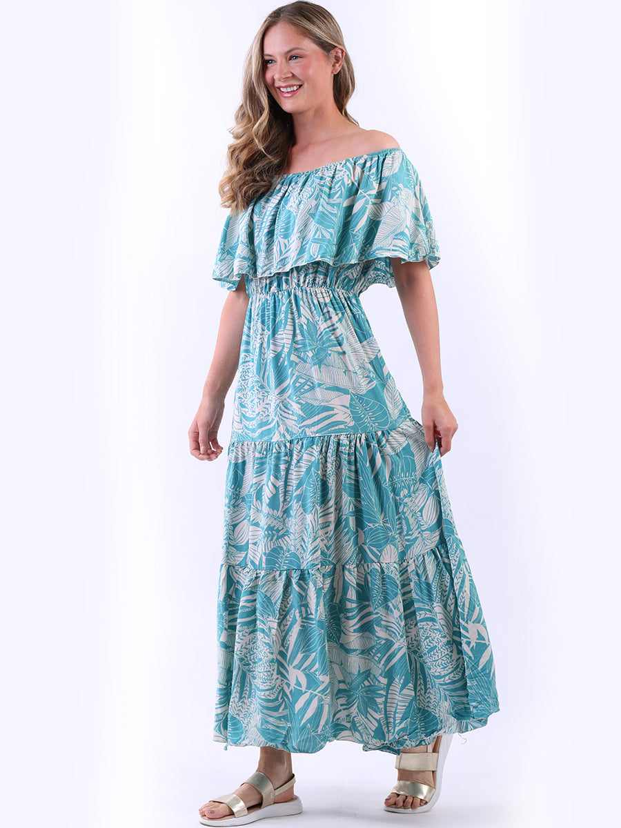 Plus Size Tropical Off Shoulder Tiered Maxi Dress