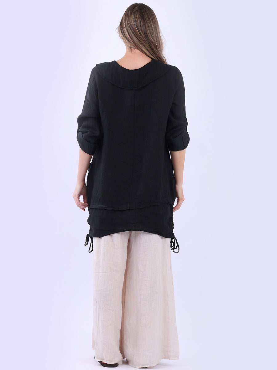 Button Up Sleeves Gathered Hem Linen Top