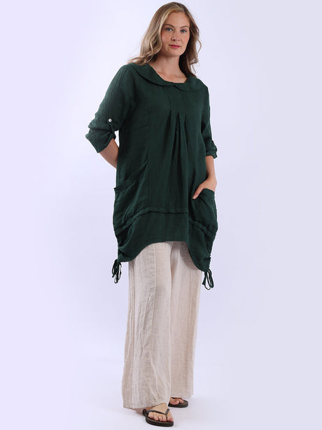 Button Up Sleeves Gathered Hem Linen Top