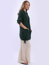 Button Up Sleeves Gathered Hem Linen Top