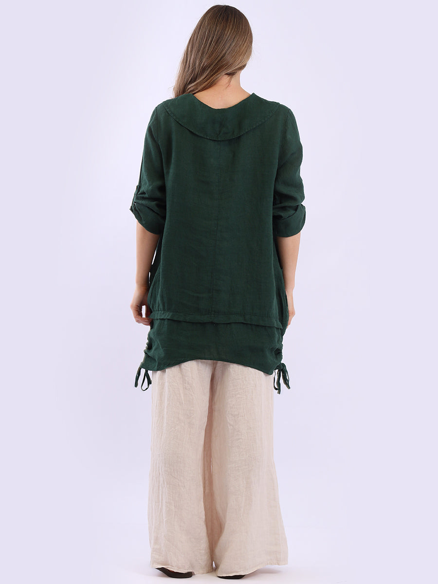 Button Up Sleeves Gathered Hem Linen Top