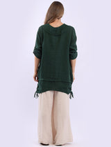 Button Up Sleeves Gathered Hem Linen Top