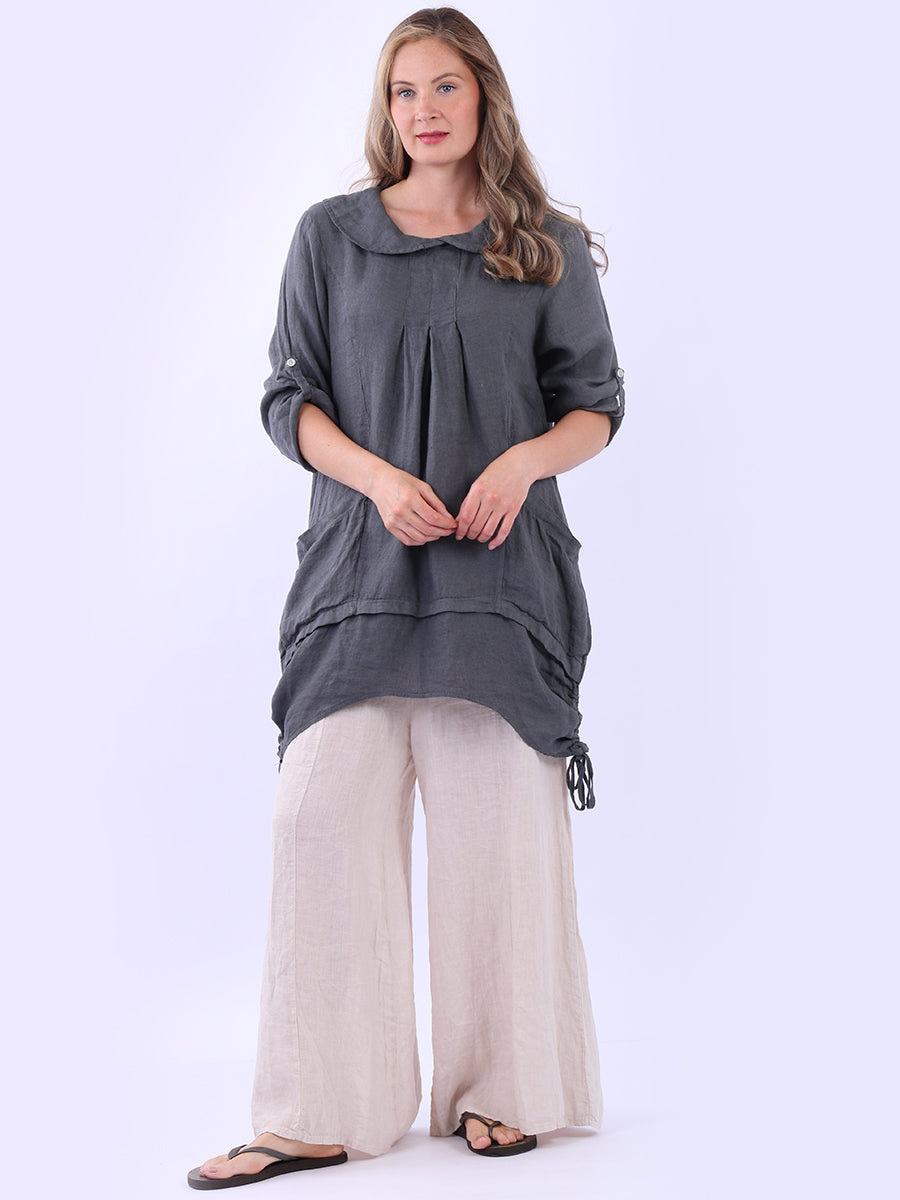 Button Up Sleeves Gathered Hem Linen Top