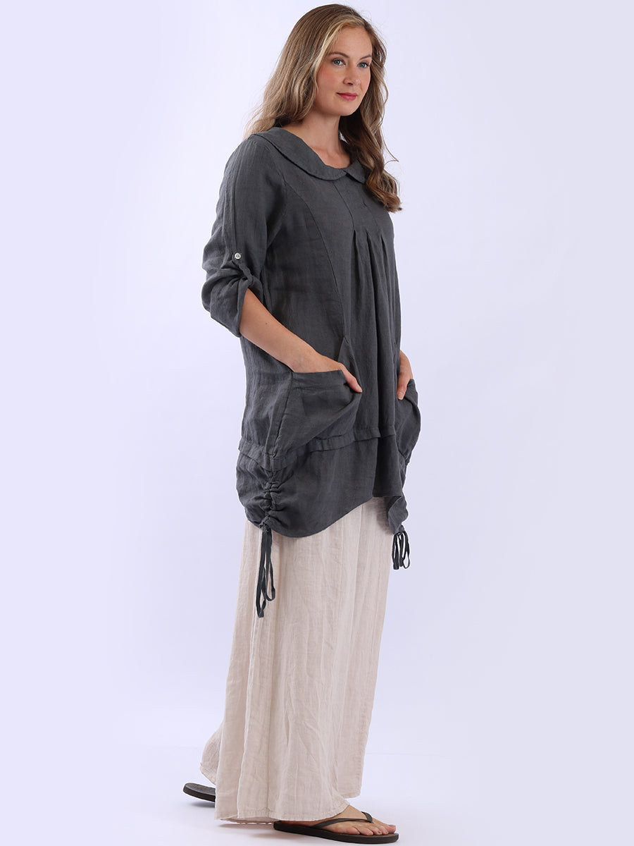 Button Up Sleeves Gathered Hem Linen Top