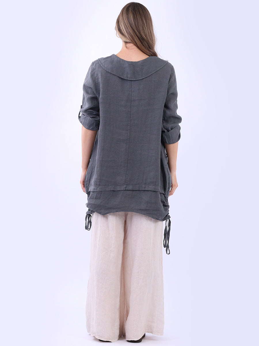 Button Up Sleeves Gathered Hem Linen Top