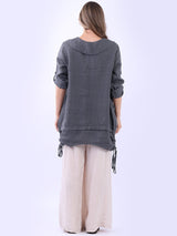 Button Up Sleeves Gathered Hem Linen Top