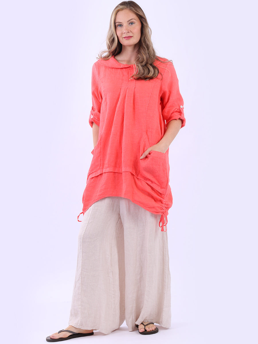Button Up Sleeves Gathered Hem Linen Top