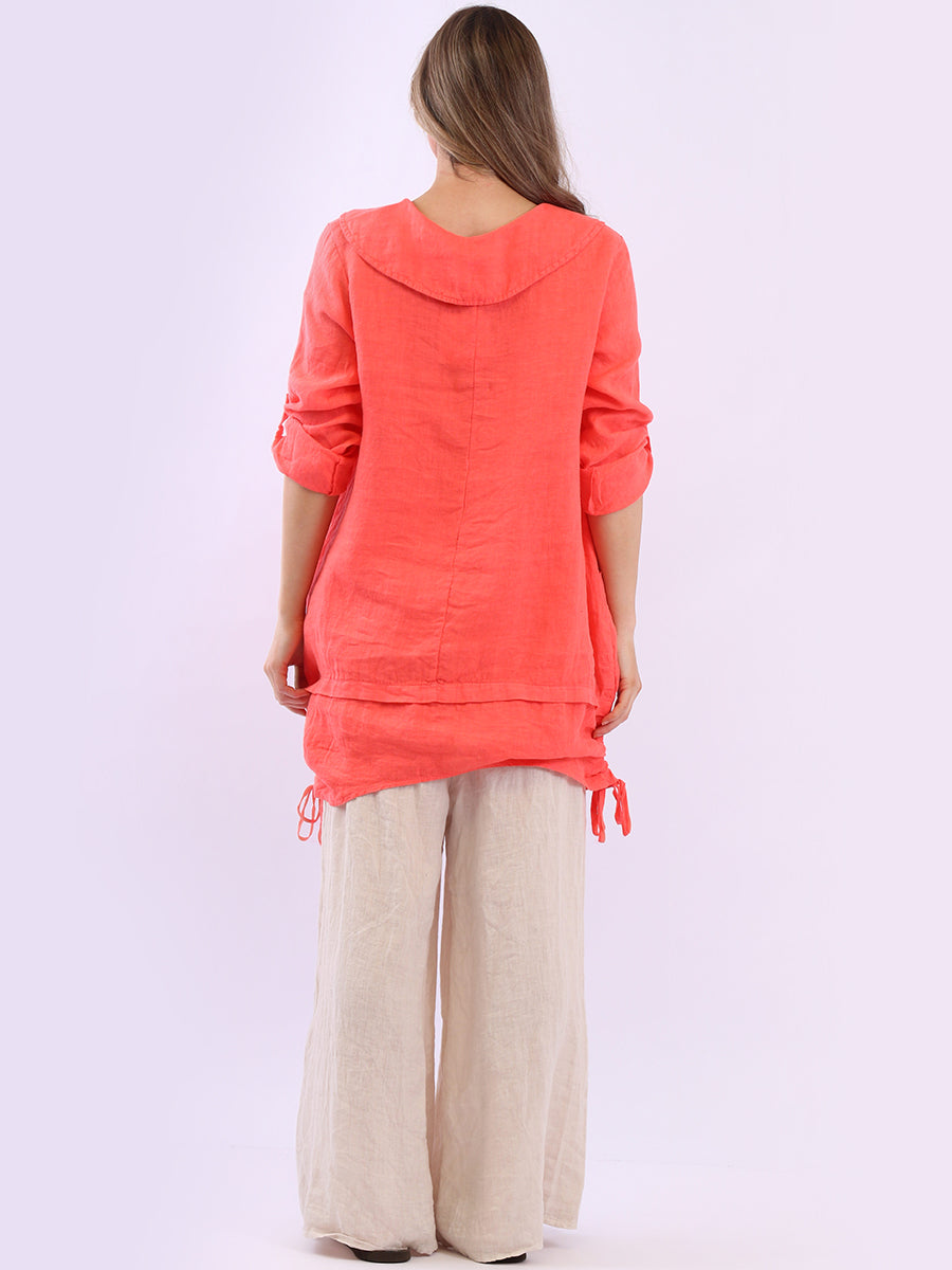 Button Up Sleeves Gathered Hem Linen Top